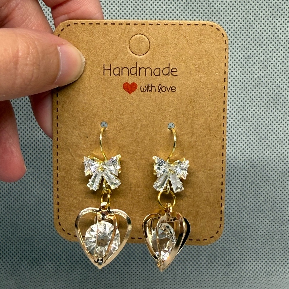 Handmade Cubic Zirconia Bow Heart Earrings